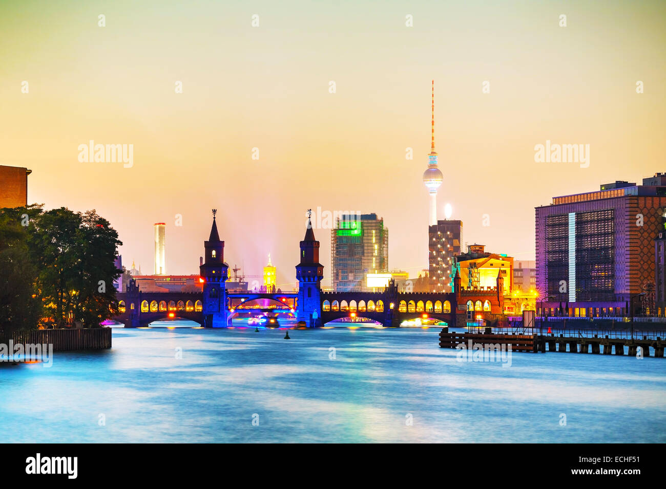 Berlin cityscape with Oberbaum bridge in the evening Stock Photo