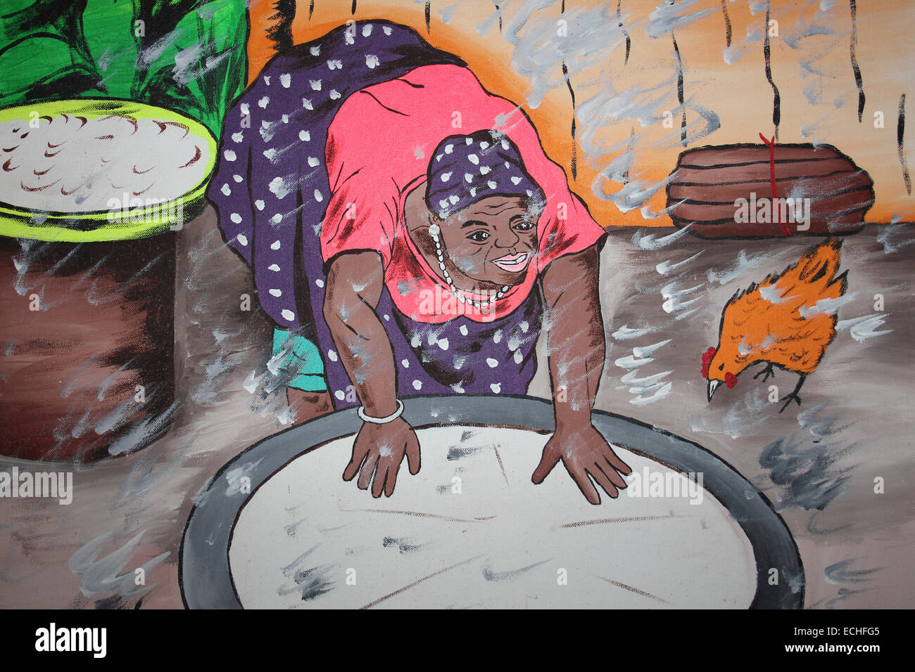 Modern Belize Art Depicting An Lady Cooking In Her Kitchen Stock Photo
