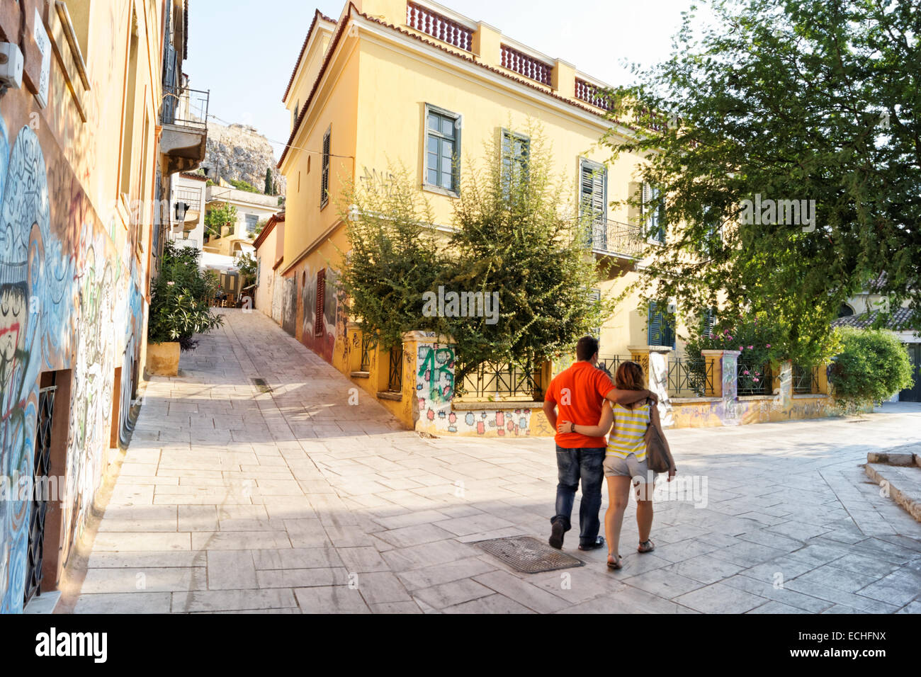 Athens, Greece 17th July 2013 A couple walk through Lisiou street in