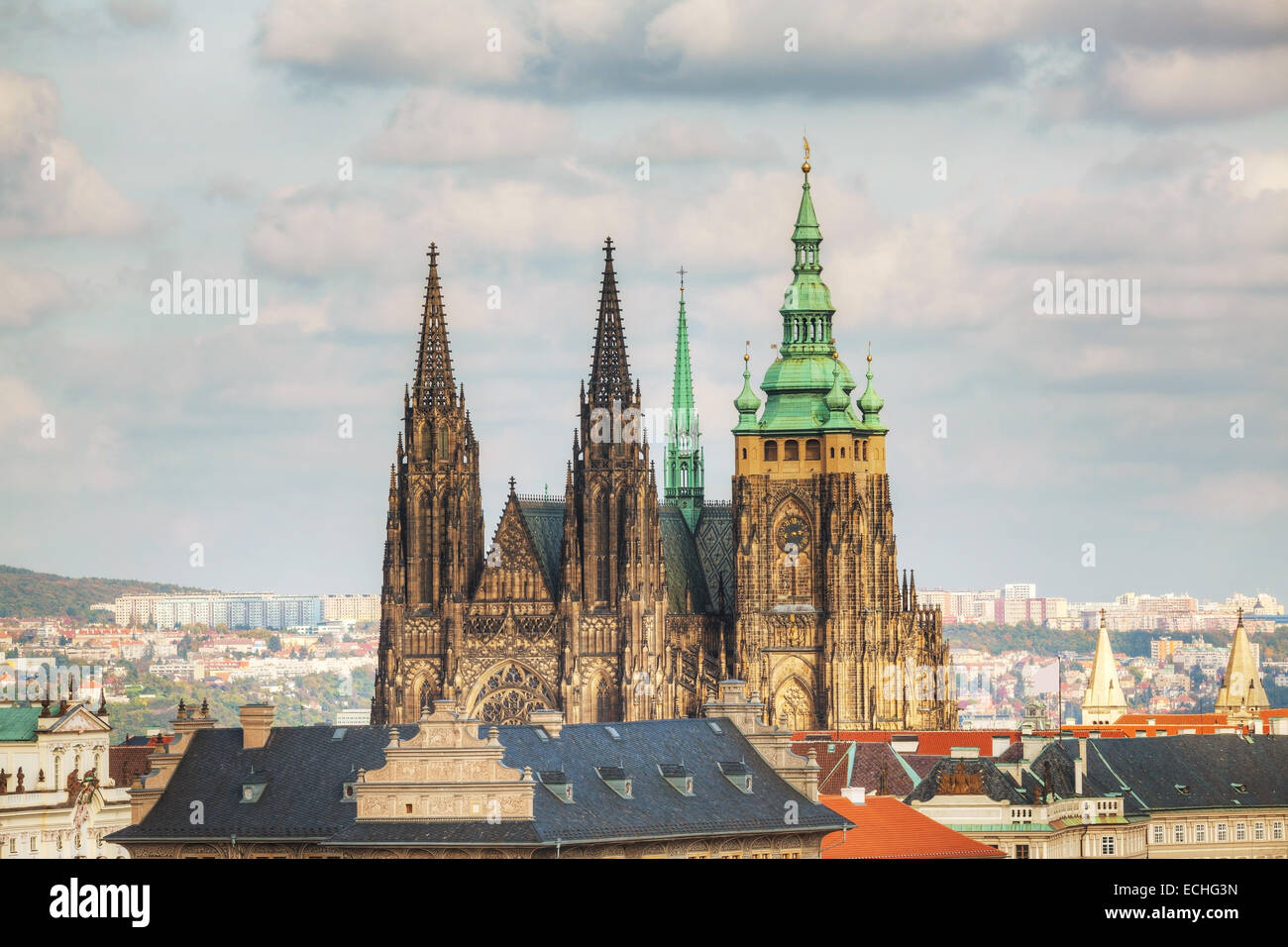 Aerial view of Prague with St. Vitus Cathedral as seen from Petrin hill Stock Photo