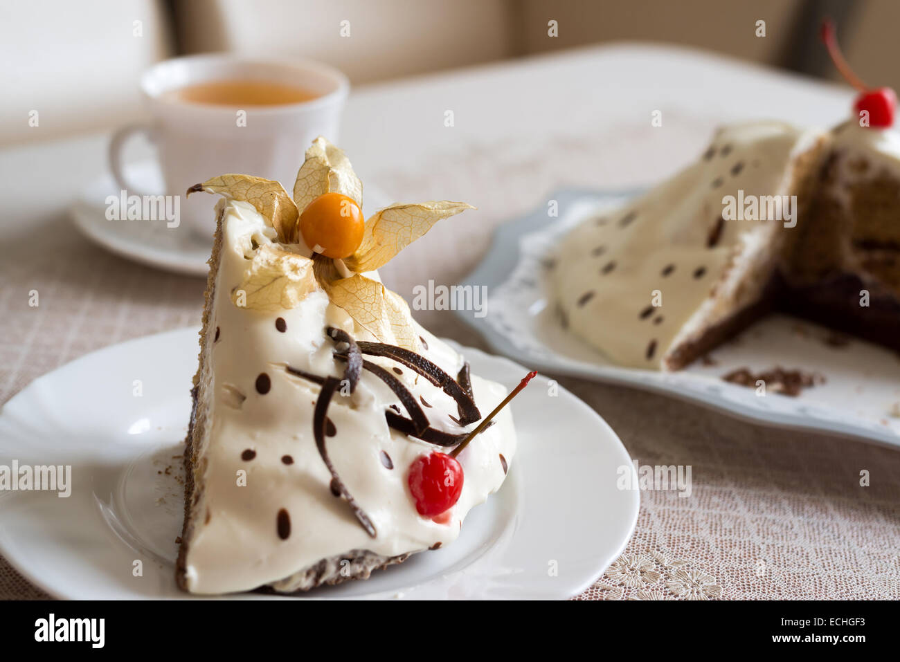 Yoghurt cake with chocolate and cherries Stock Photo Alamy