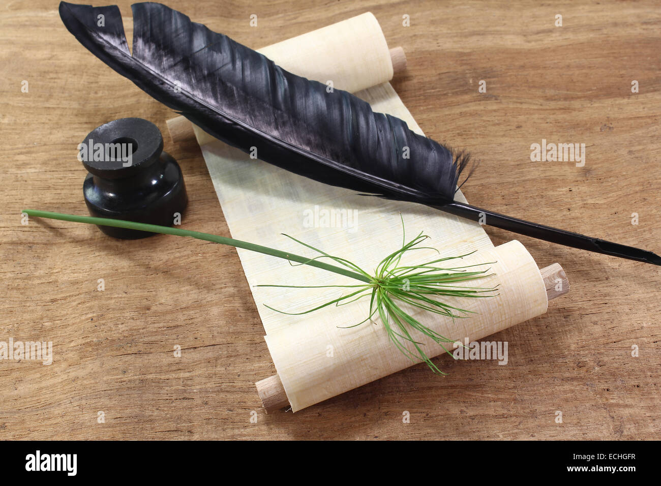 Papyrus scroll with Papyrus plant, quill and inkwell Stock Photo