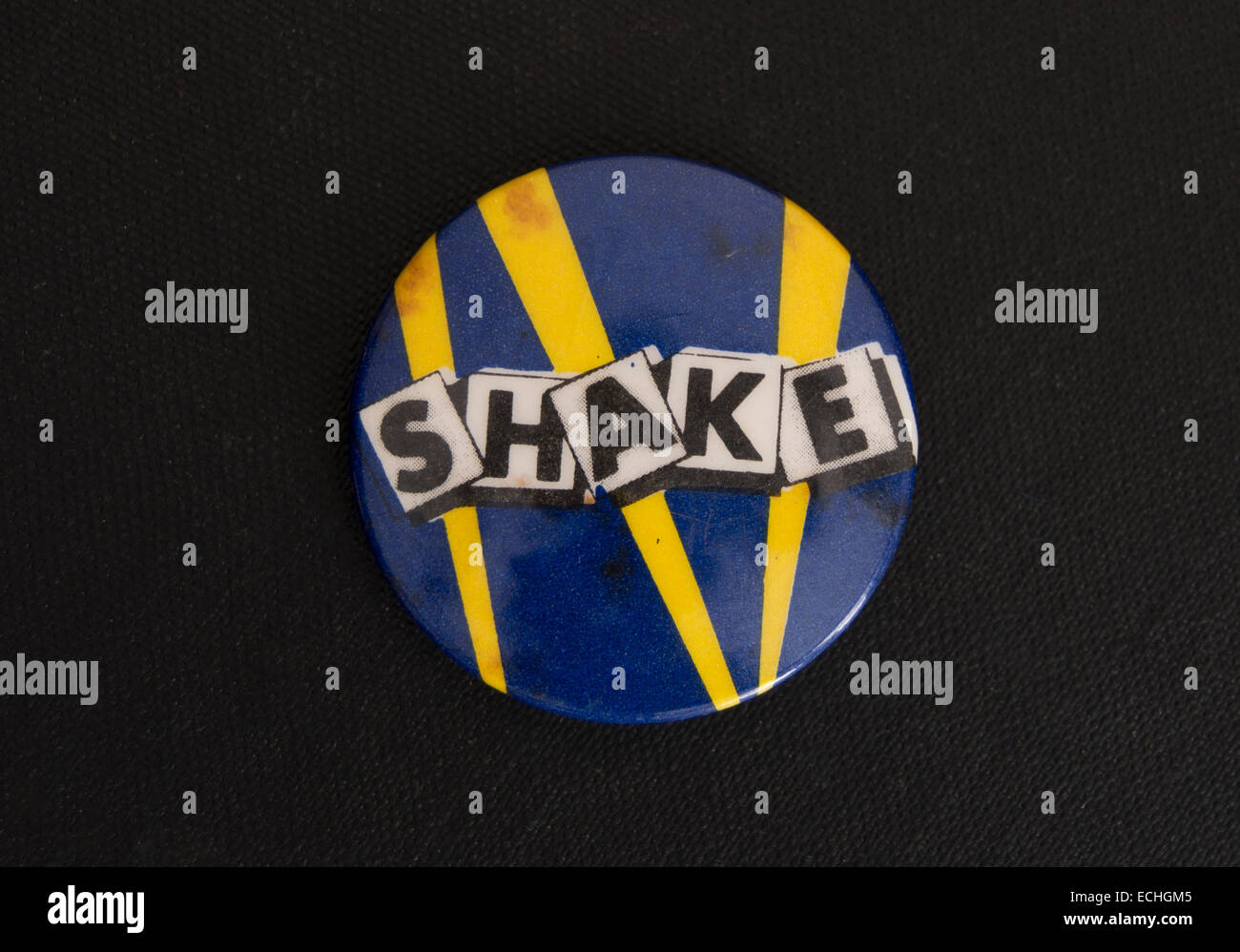 lapel badge promoting short lived late 1970s band, shake Stock Photo