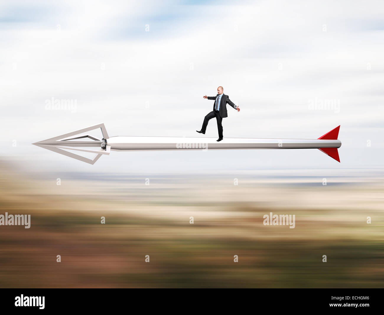 businessmanon fast metal 3d arrow Stock Photo