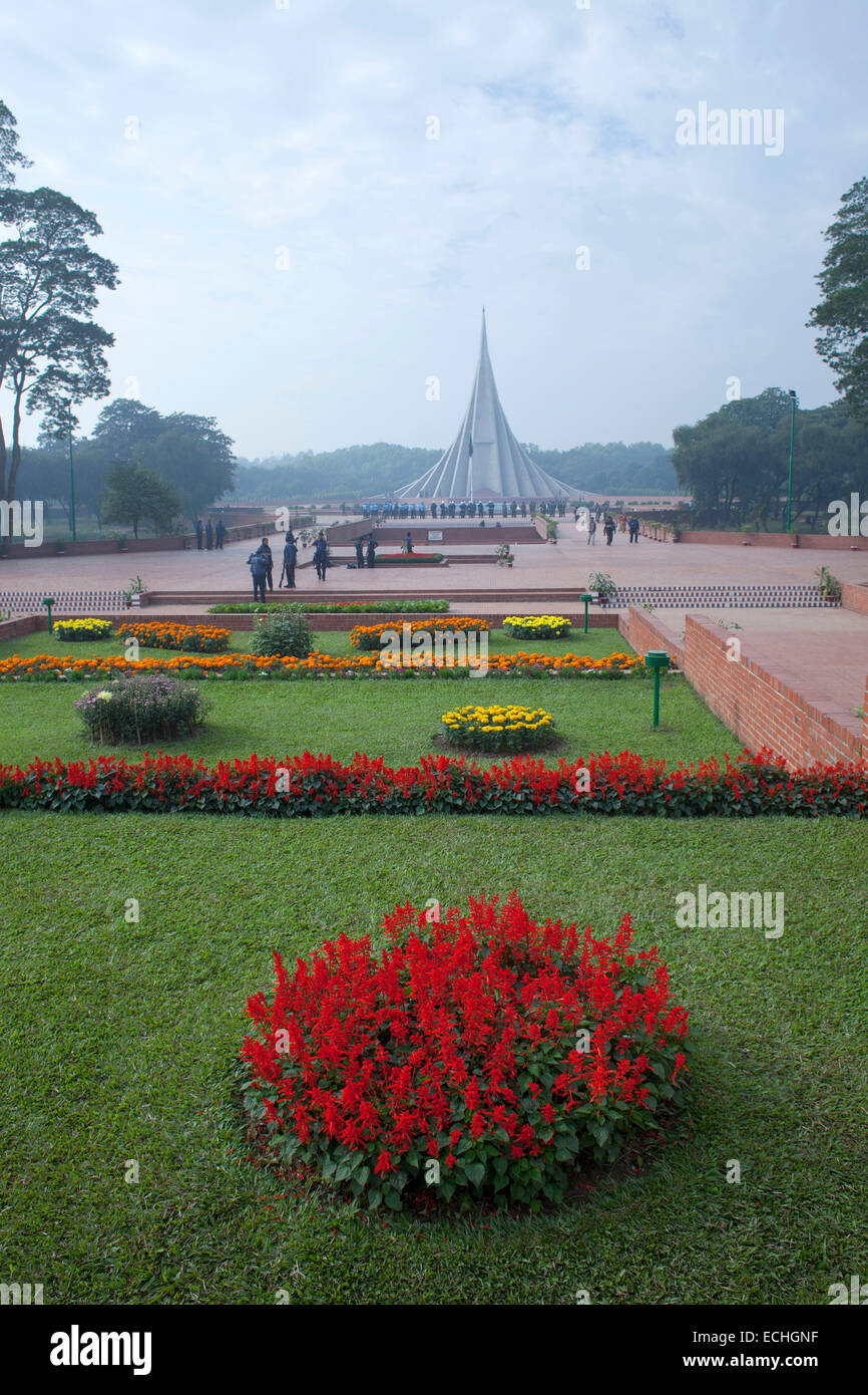 Dhaka, Bangladesh. 15th Dec, 2014. Massive preparations have been taken in and around the National Mausoleum where thousands of people will gather on the Victory Day to pay homage to the Liberation War martyrs. Jatiyo Sriti Shoudho or National Martyrs' Memorial is the national monument of Bangladesh is the symbol in the memory of the valour and the sacrifice of all those who gave their lives in the Bangladesh Liberation War of 1971, which brought independence and separated Bangladesh from Pakistan. The monument is located in Savar, about 35 km north-west of the capital, Dhaka. © zakir hossain Stock Photo