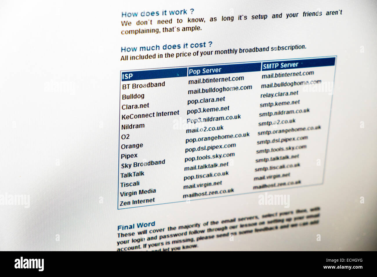 isp pop server smtp pop3 details internet email details list BT O2 tiscali  uk servers Stock Photo - Alamy