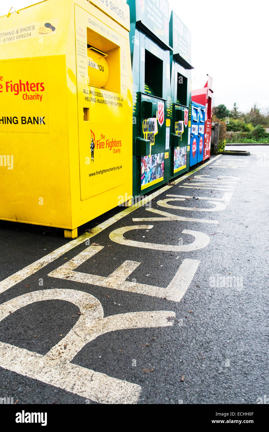 Recycling area charity bins collection collect disposal unwanted clothes shoes British heart