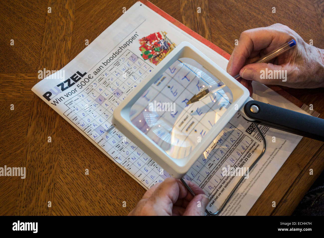 Elderly woman suffering from presbyopia / myopia / short-sightedness looking at crossword puzzle through magnifying glass Stock Photo