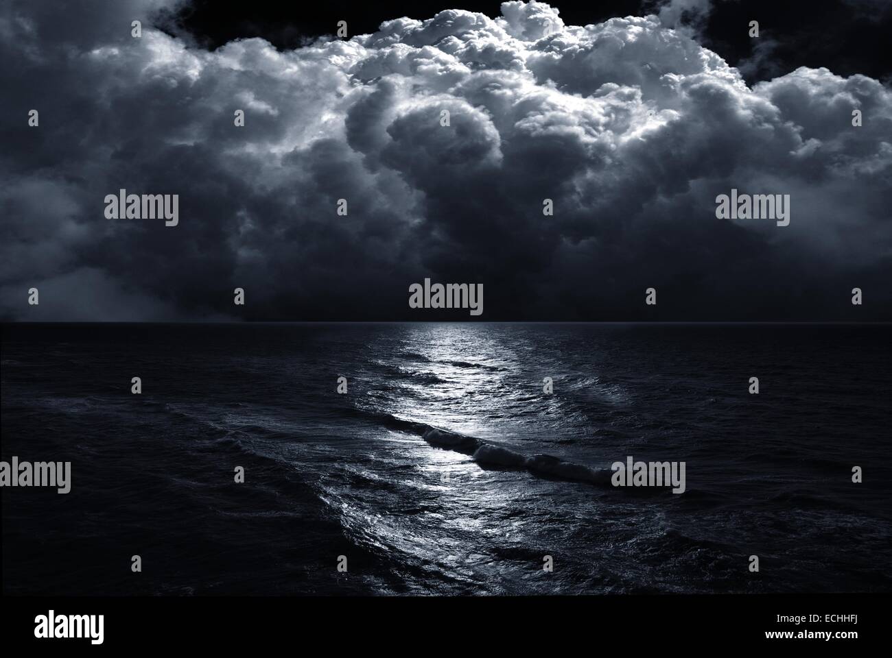 the storm on sea with lightnings on background of clouds Stock Photo