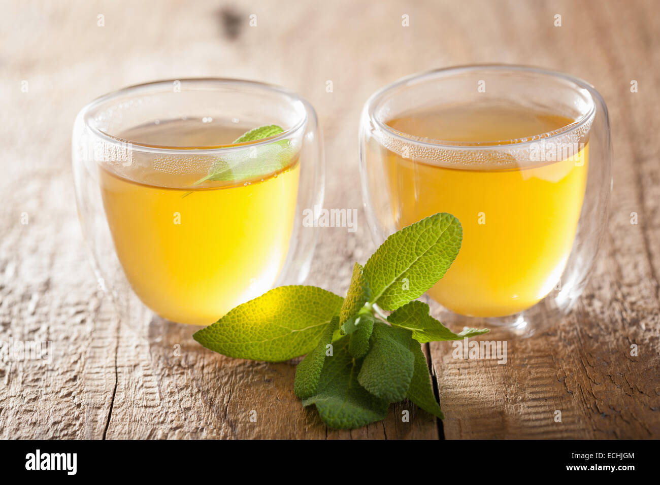herbal sage tea with green leaves in glass cups Stock Photo Alamy