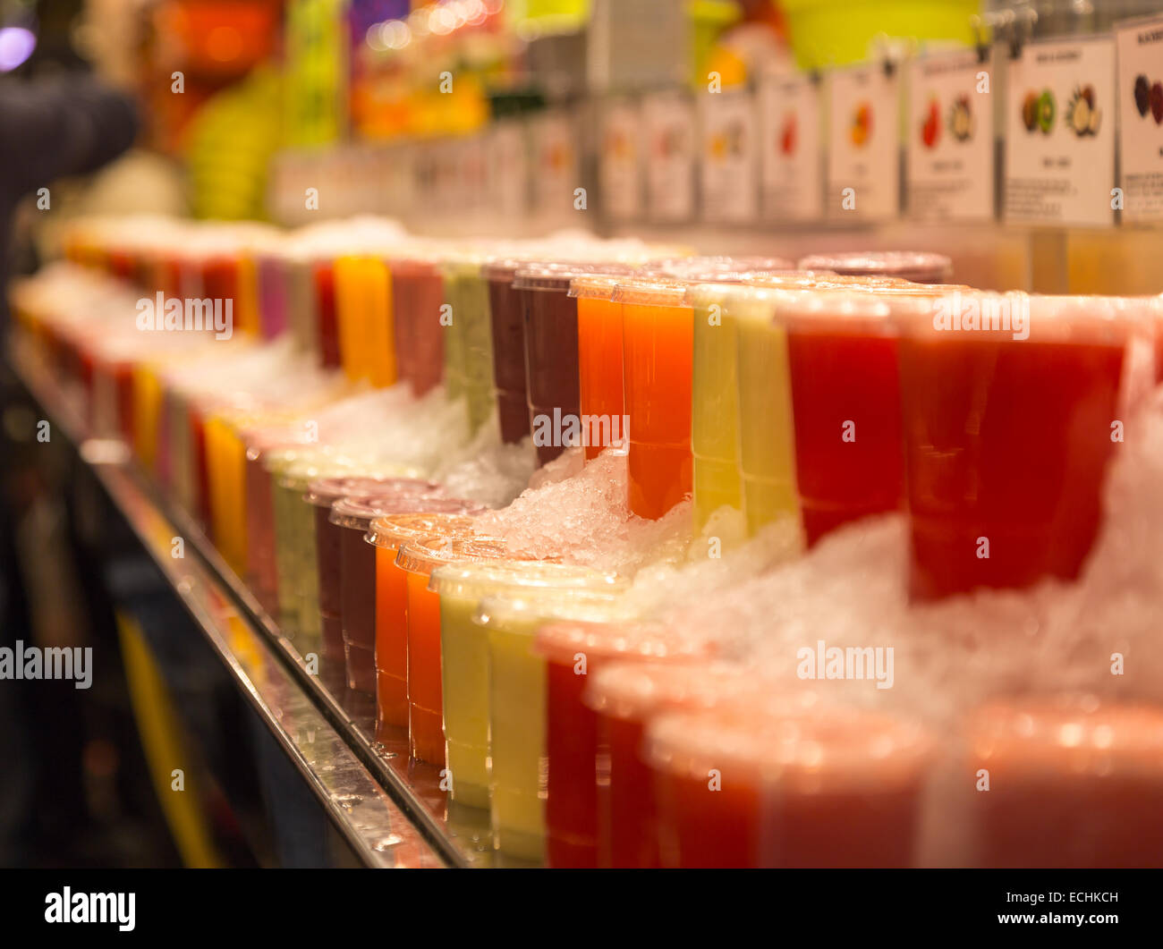 Fresh smoothies at a market stall. Stock Photo