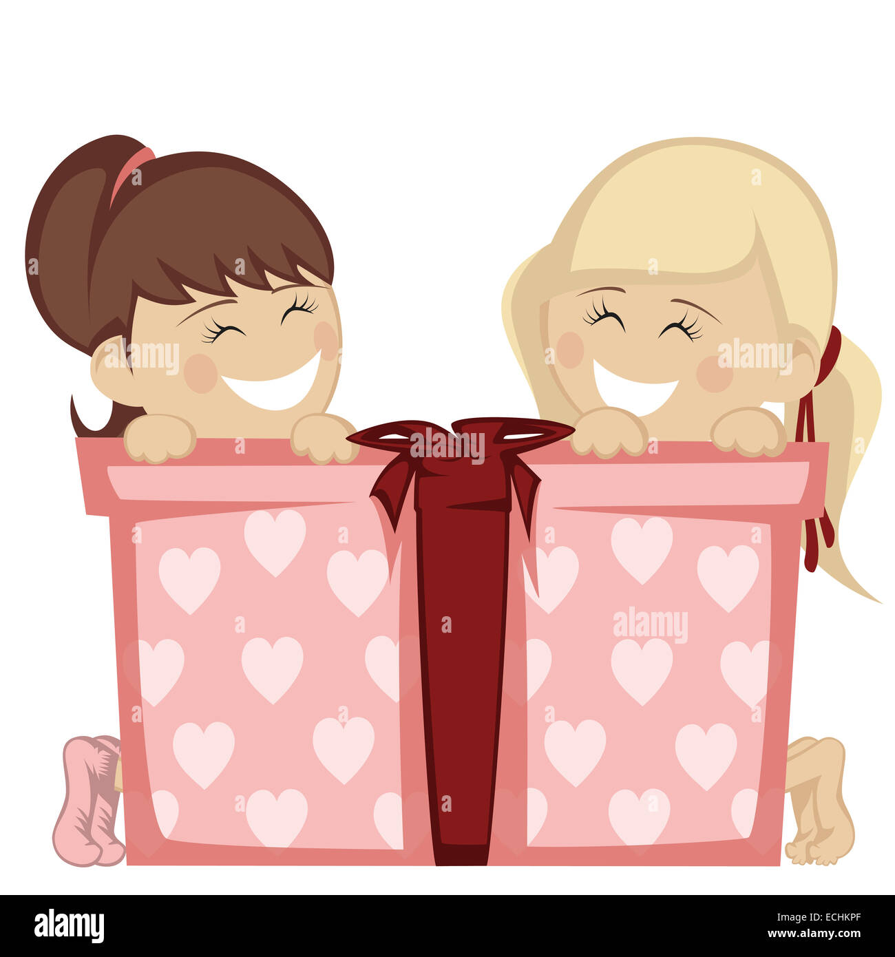 Two little girl (blonde and brunette haired) smiling with a big gift box  Stock Photo - Alamy