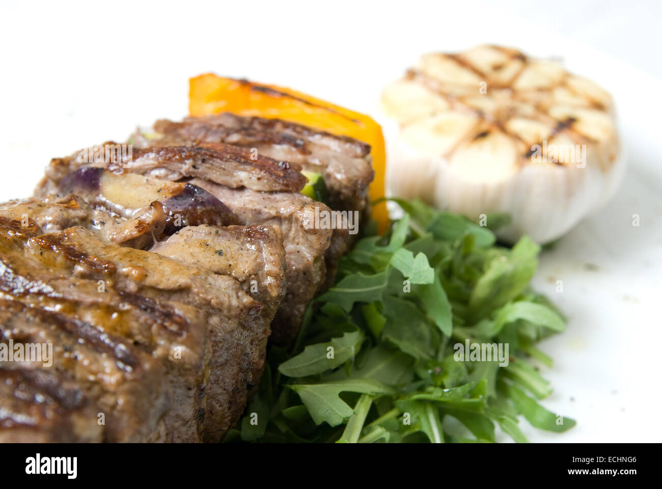 shashlik with potherbs on the plate Stock Photo