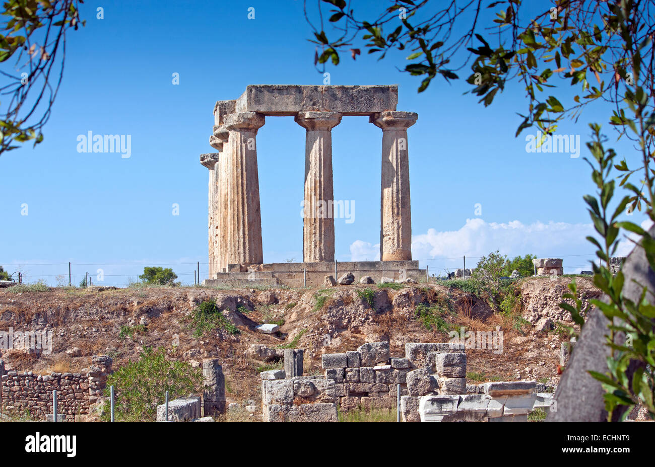 Temple of Apollo at Ancient Corinth, the Peloponnese, Greece Stock Photo