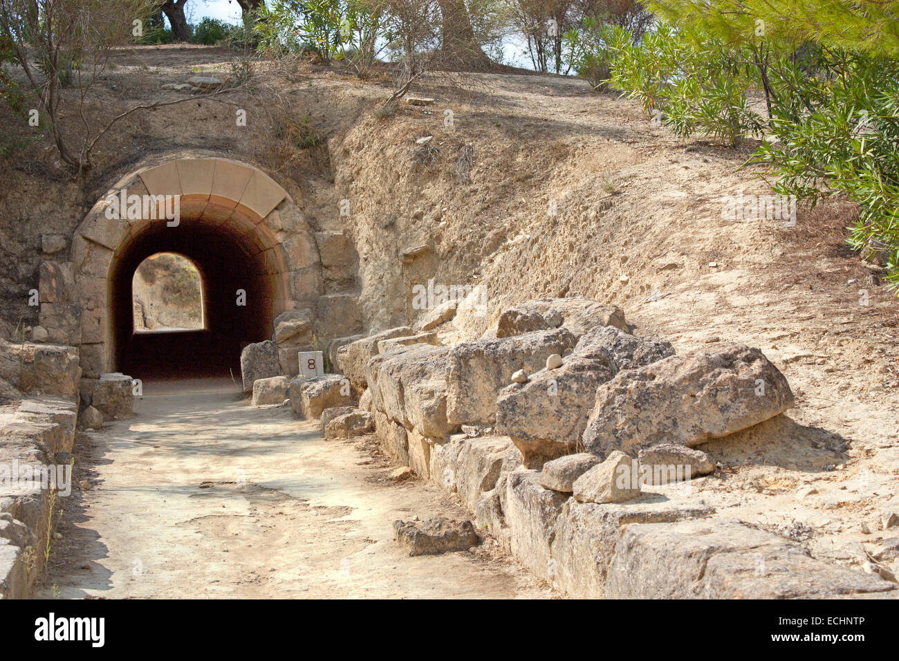 Tunnel (Krypte Esodos) linking the stadium to the Apodyterion (changing room) at Ancient Nemea, Peloponnese, Greece Stock Photo