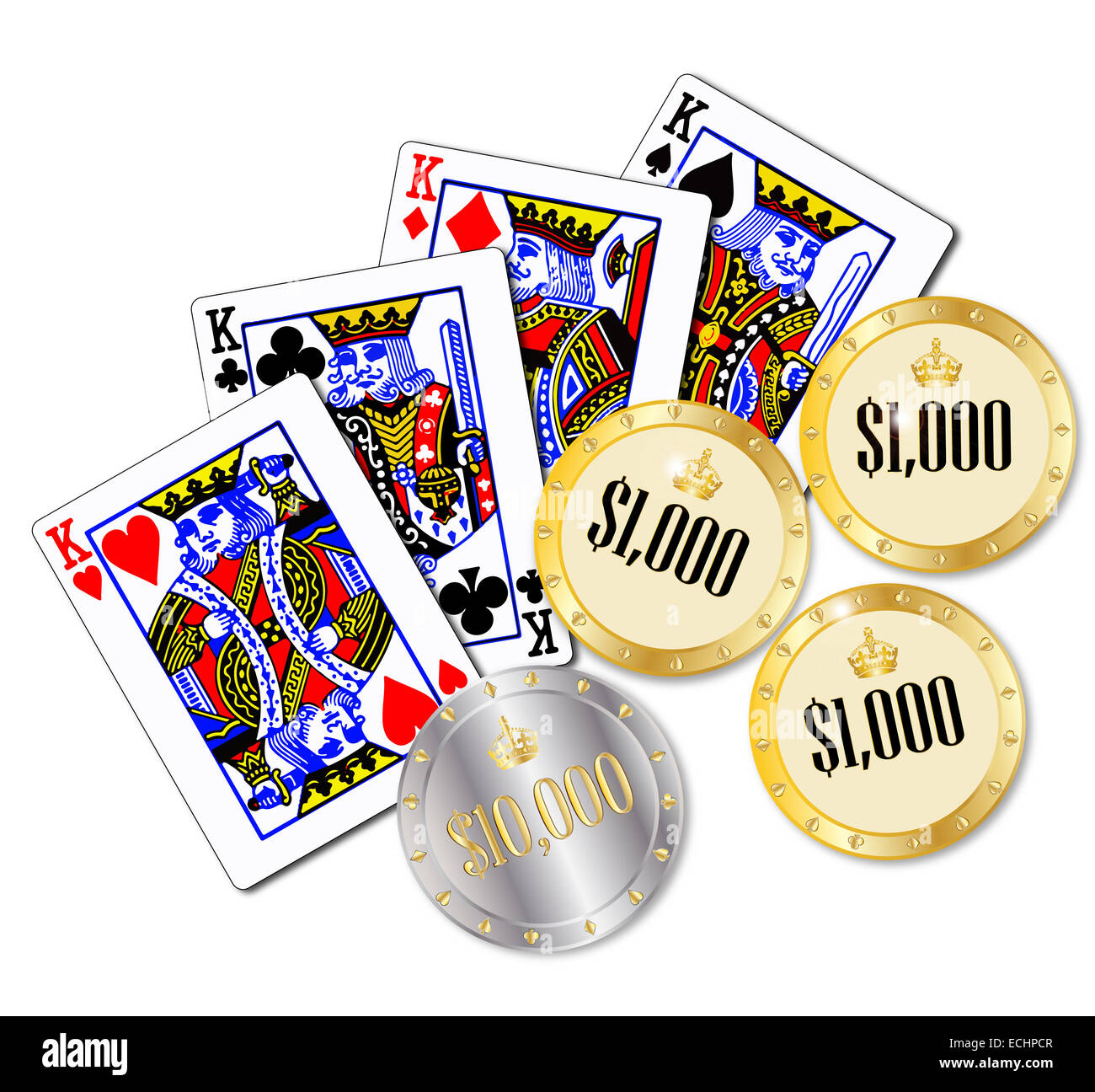The four kings from a set of playing cards with poker chips Stock Photo