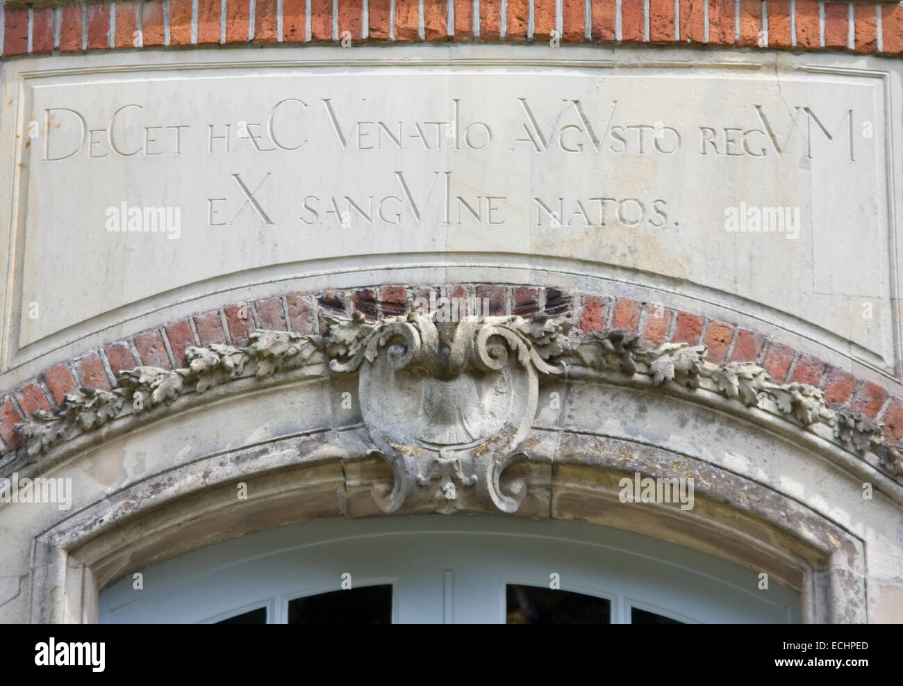Europa, Deutschland, Niedersachsen, Soegel, Jagdschloss Clemenswerth, Inschrift ueber dem Eingang zum Zentralpavillon Stock Photo