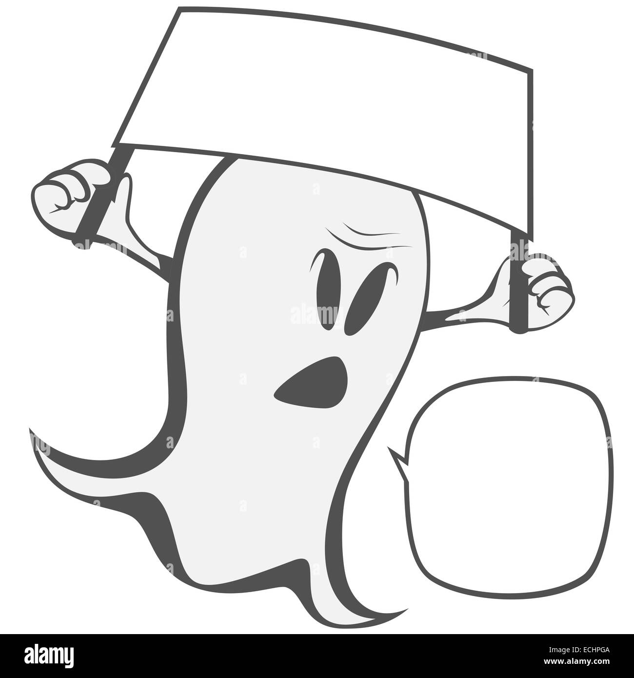 a protesting ghost with a board and a speech bubble (within your text can be placed!) Stock Photo
