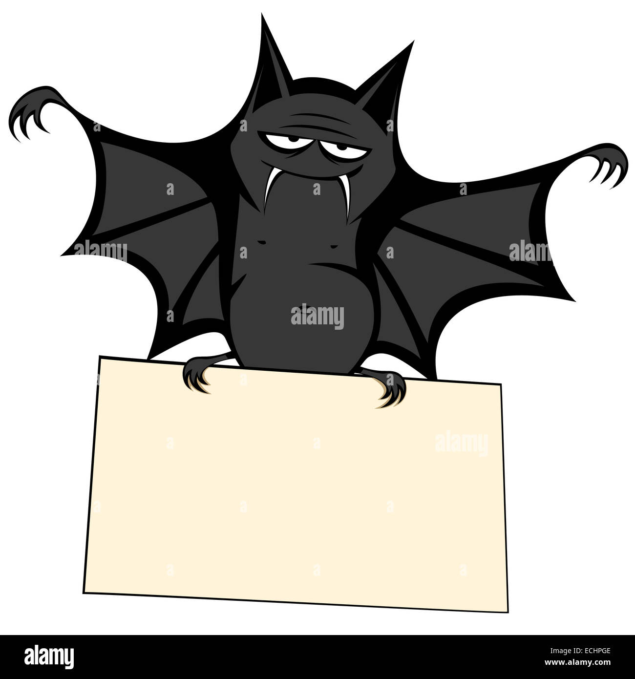 a big black fat bat is smiling at you holding a bulletin board (your text can be placed there!) Stock Photo