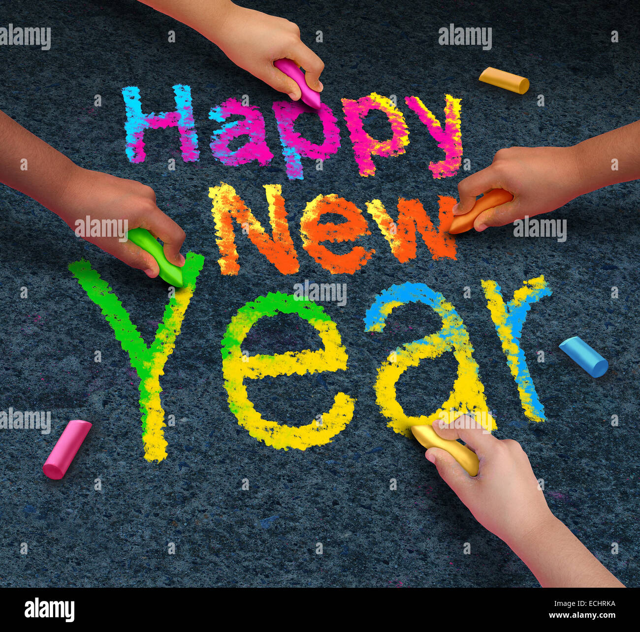 Happy new year friends concept with a group of hands representing ethnic groups of young people holding chalk cooperating together as a diverse group celebrating the future. Stock Photo