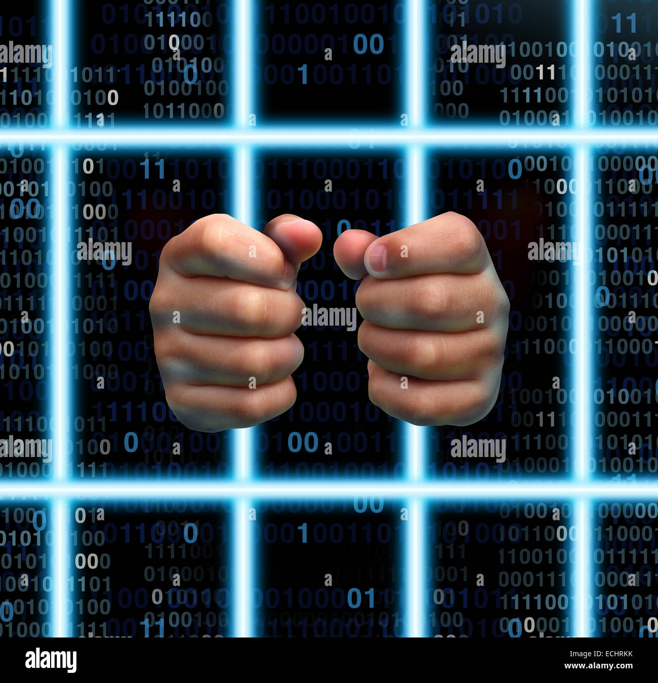 Technology prison and internet addiction victim concept as human hands holding virtual jail bars made from computer laser beams Stock Photo
