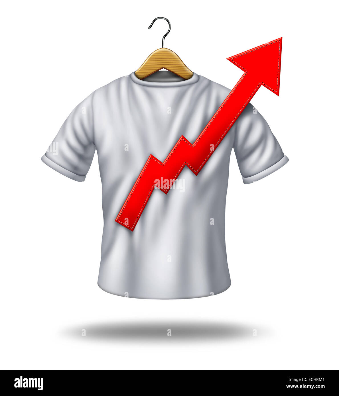 Retail garment and clothing industry increase concept with a white shirt and a sewen patch as an upward red financial chart arrow as a symbol of fashion and textile manufacturing. Stock Photo