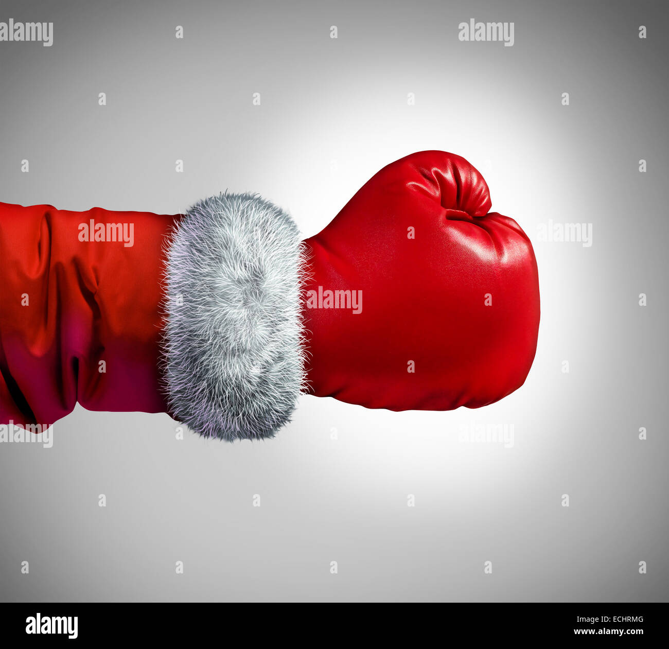 Santa clause boxing glove concept as a holiday business concept for competing consumer shopping after christmas for sales and bargains.. Stock Photo