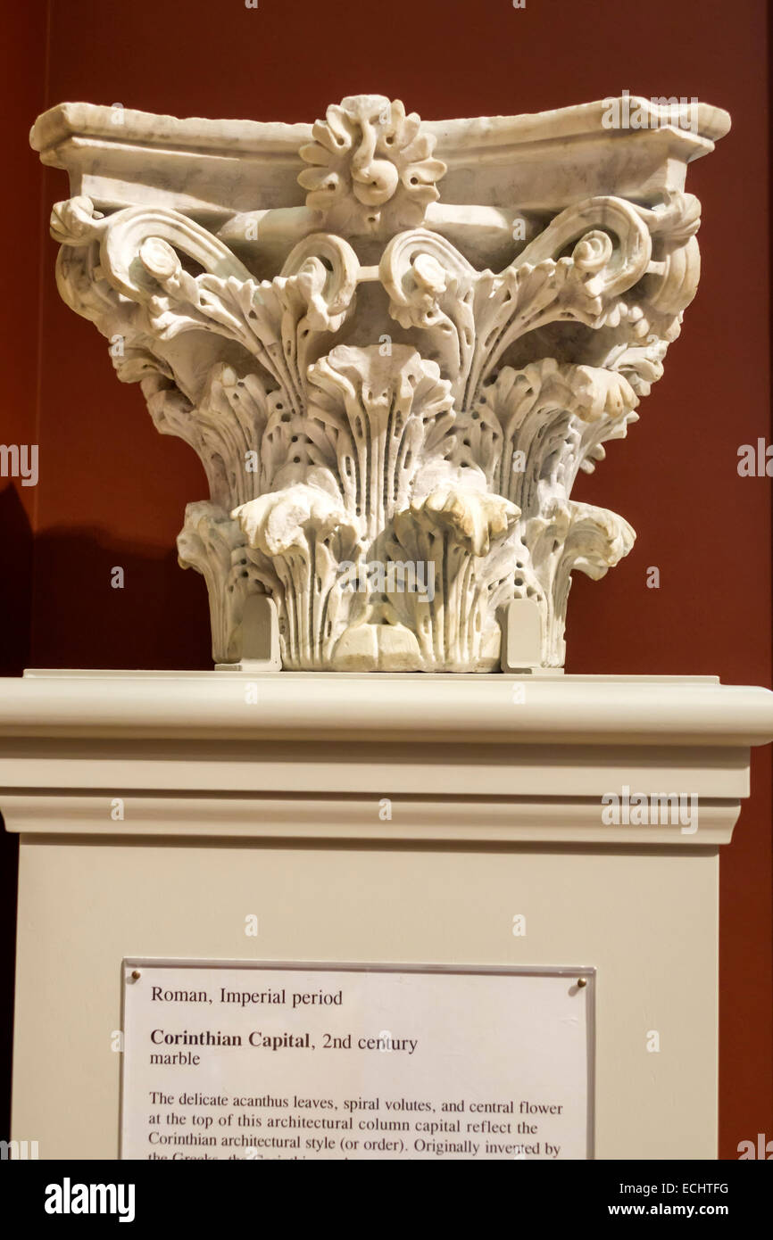 Saint St. Louis Missouri,Forest Park,Saint Louis Art Museum,gallery,exhibit exhibition collection artwork,Ancient art,Roman,Corinthian capital,marble, Stock Photo