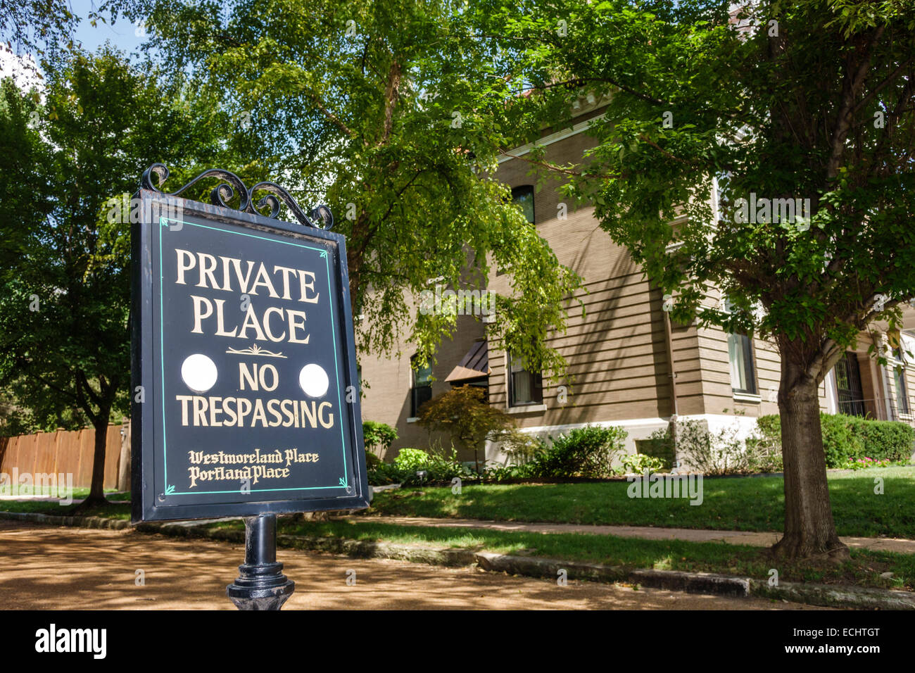 Saint St. Louis Missouri,Central West End,historic neighborhood,Westmoreland Place,Portland Place,private street,sign,no trespassing,exclusive neighbo Stock Photo