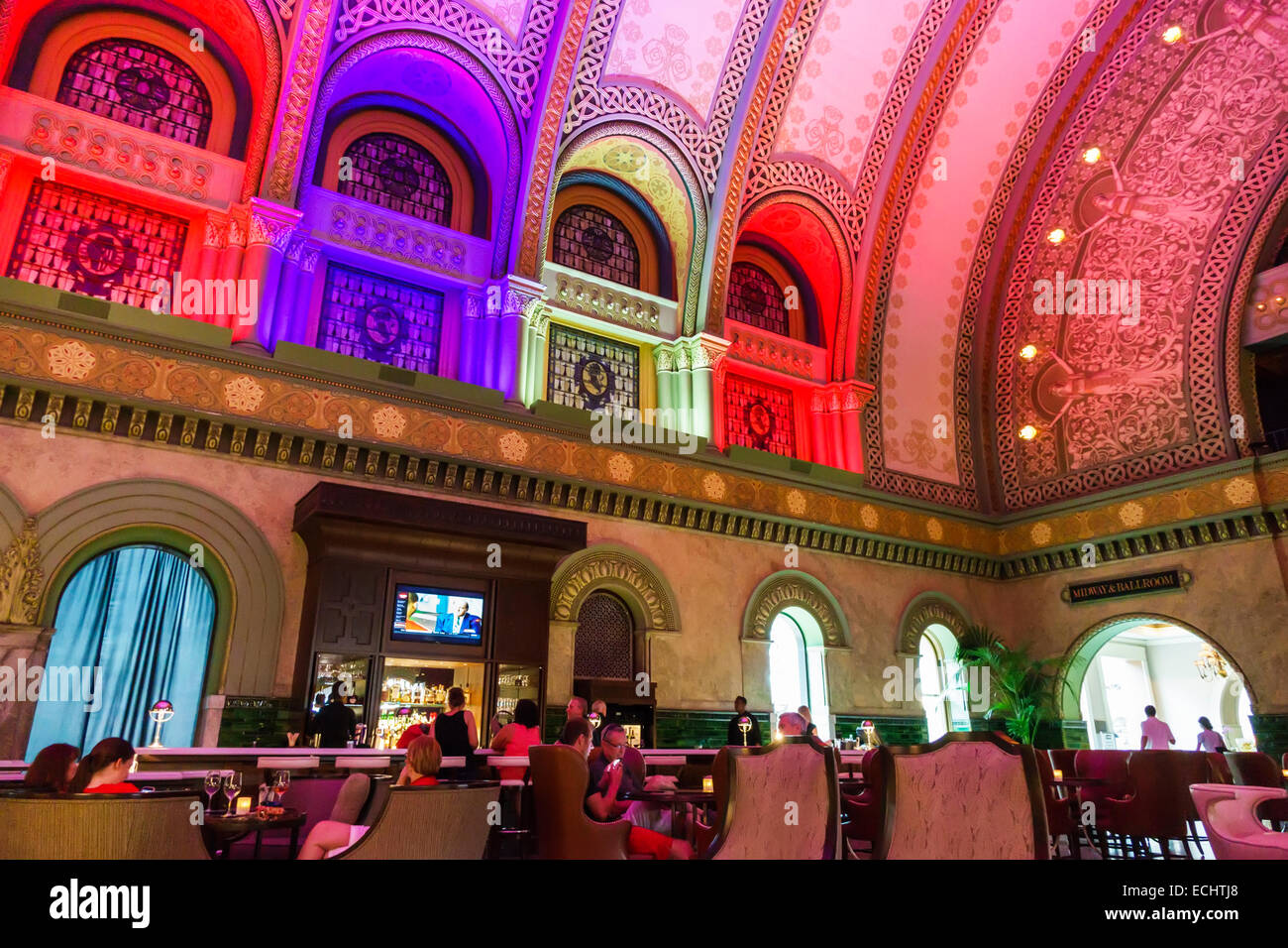 Saint St. Louis Missouri,Market Street,Union Station,Romanesque architecture,converted train terminal,Grand Hall,interior inside,arches,lighting,hotel Stock Photo