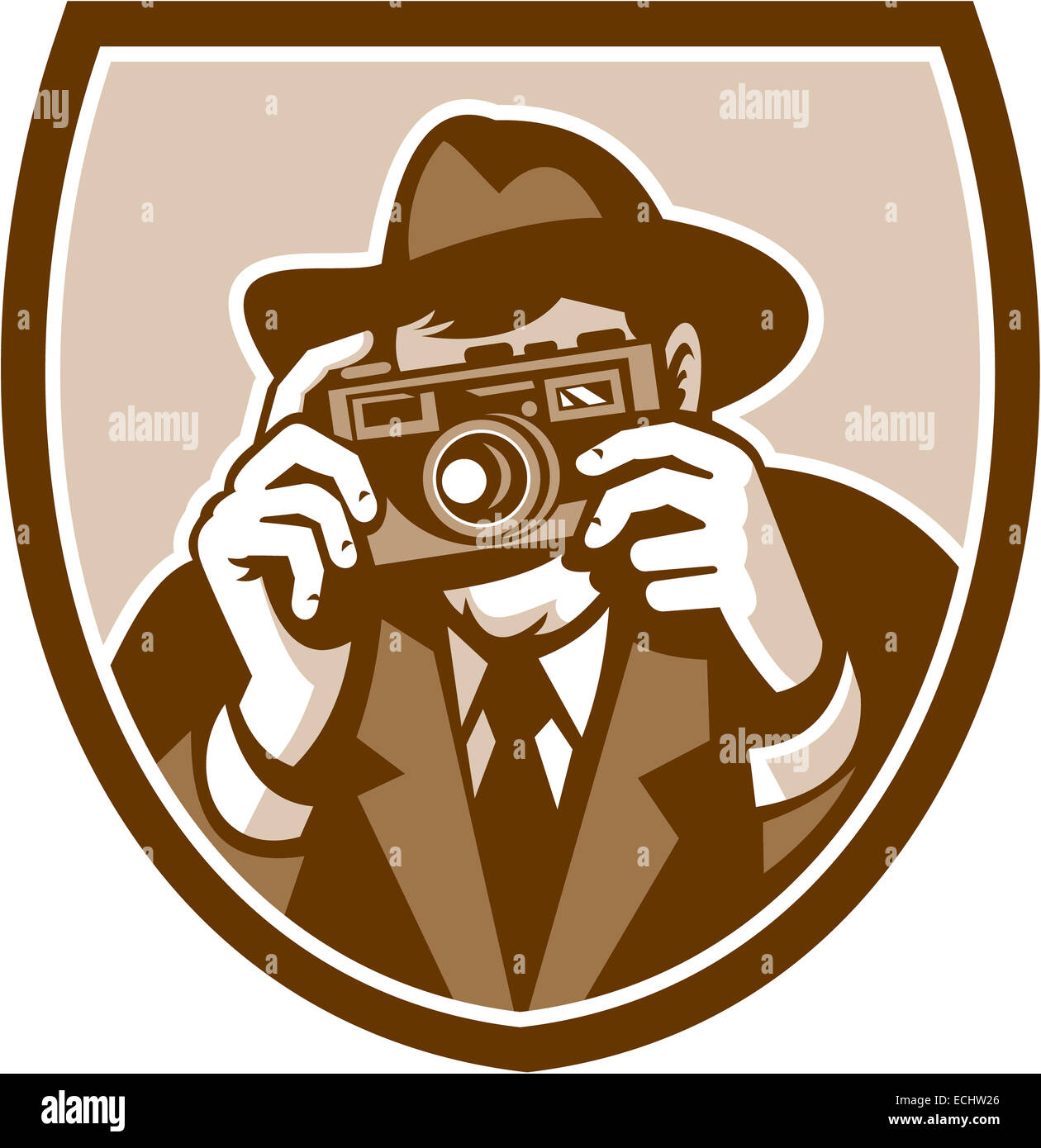 Illustration of a photographer shooting aiming with vintage camera facing front set inside shield crest on isolated background done in retro style. Stock Photo