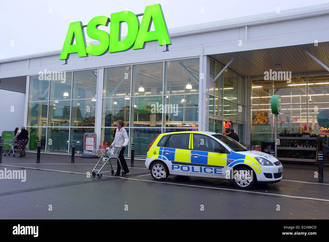 Small police car outside the Burnham on Sea ASDA supermarket. 15th