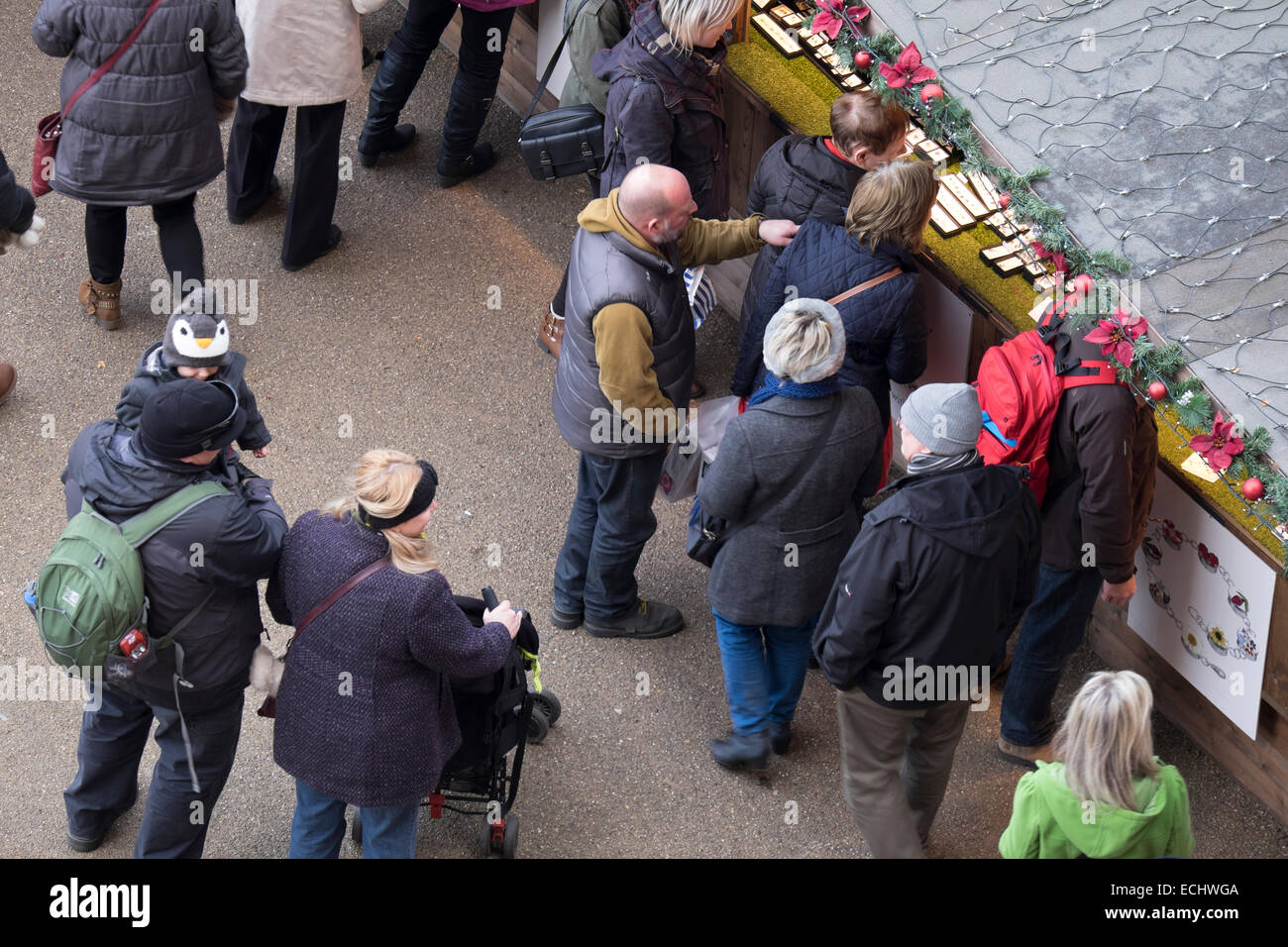 Aerial view of people shopping at London's Xmas Market at the Tate Modern Gallery Stock Photo