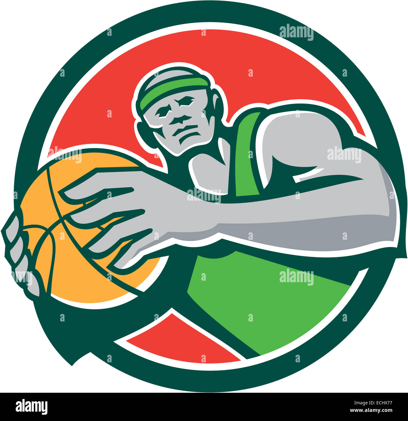 Illustration of a basketball player holding showing ball facing front