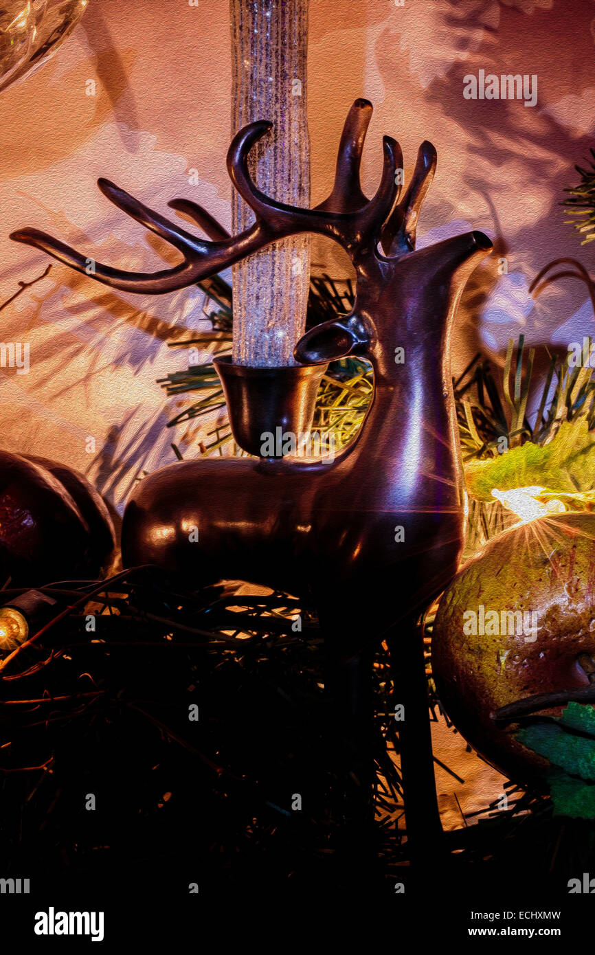 Interior decoration for Christmas: stag and swag with lights on mantel Stock Photo
