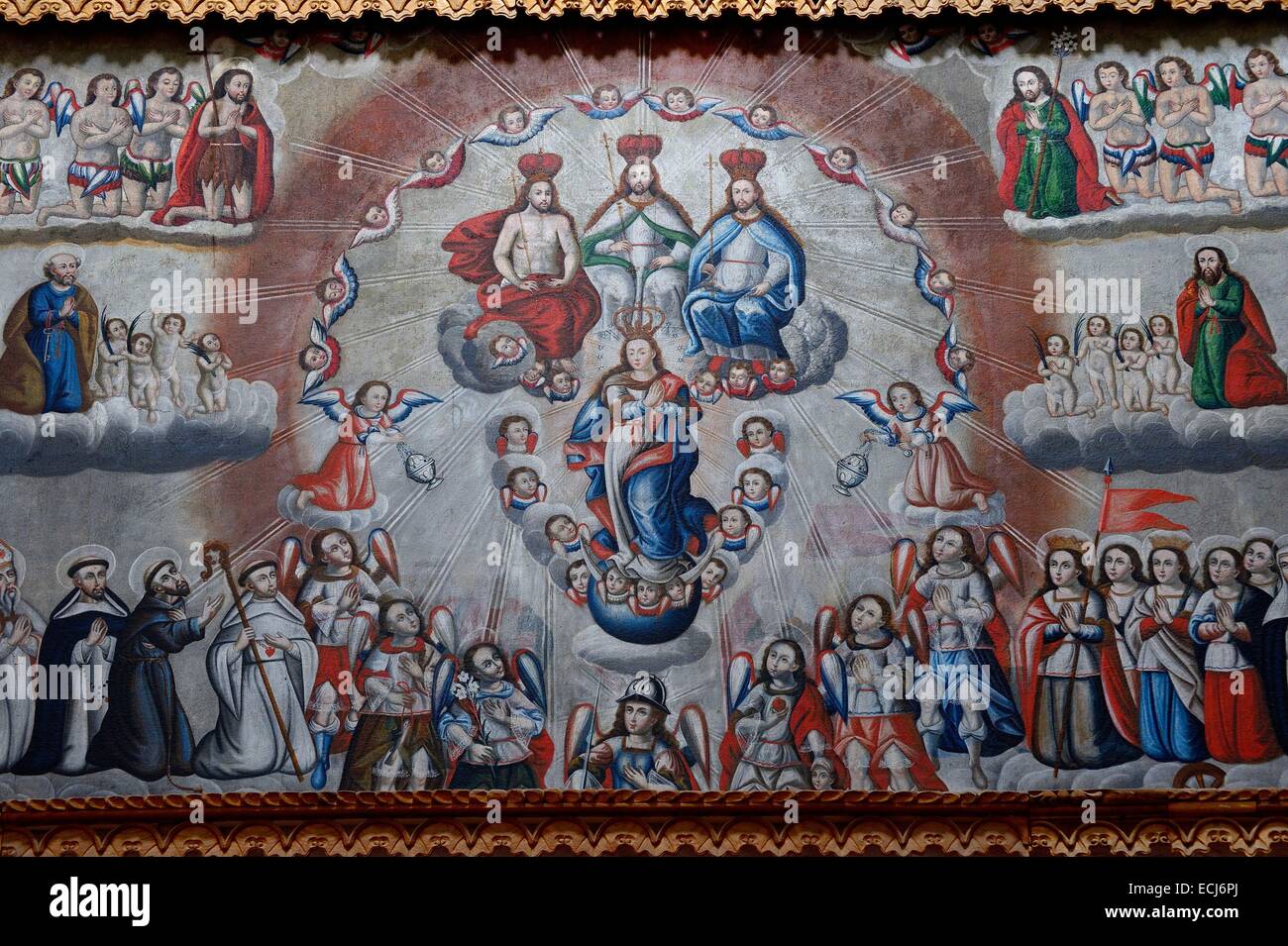 Peru, Caylloma Province, Colca Canyon, Lari, the 18th century Cathedral of the Colca Valley, painting of Coronation of the Virgin of the Holy Trinity Stock Photo
