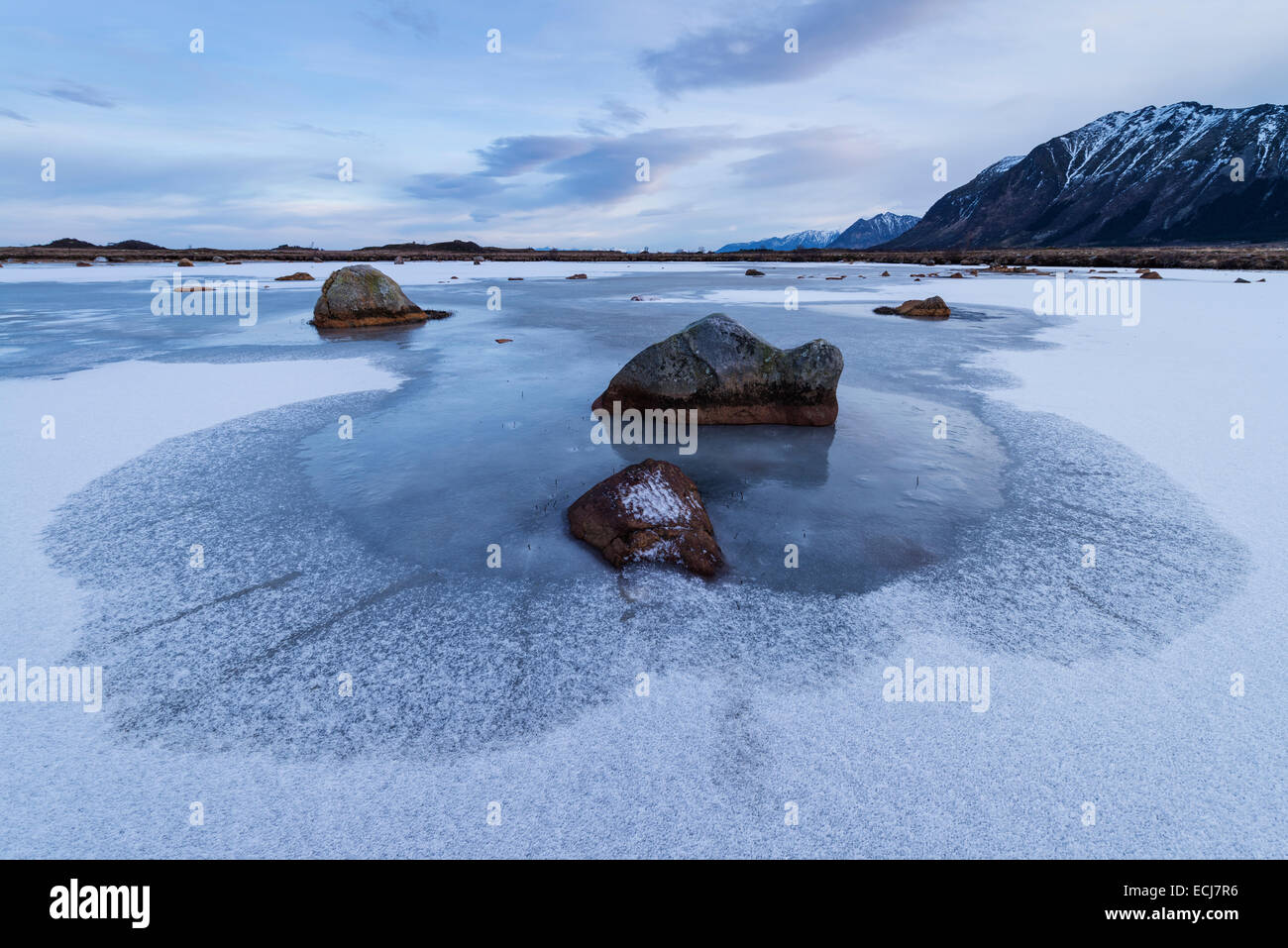 Frozen pond in winter, Gimsøy, Lofoten Islands, Norway Stock Photo