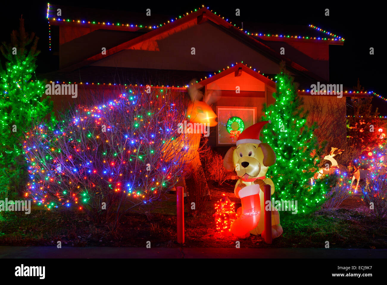 christmas decorations at residential home, Bend,Oregon,USA Stock Photo