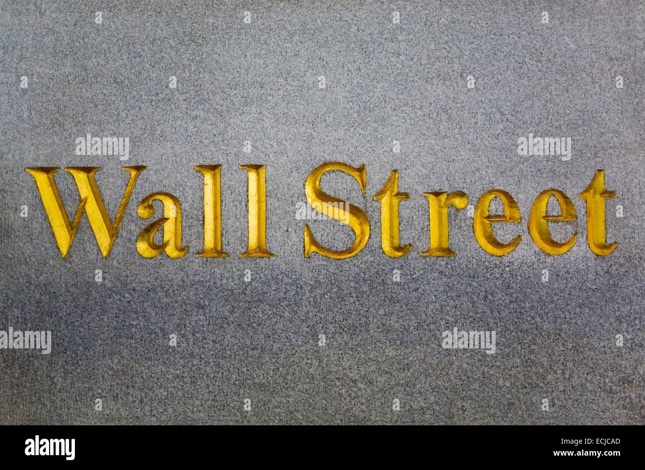 USA, New York, Manhattan, Wall Street name engraved in gold in the