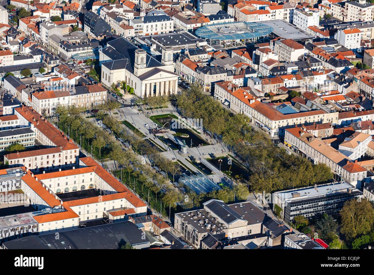France, Vendee, La Roche sur Yon, Napoleon square and Saint Louis church (aerial view) Stock Photo