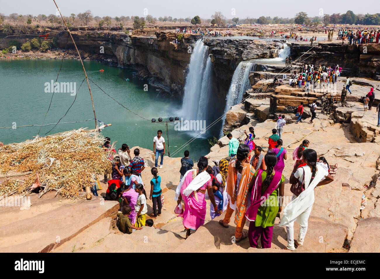 India, Chhattisgarh, Chitrakoot, crowd in font of the waterfalls Stock Photo