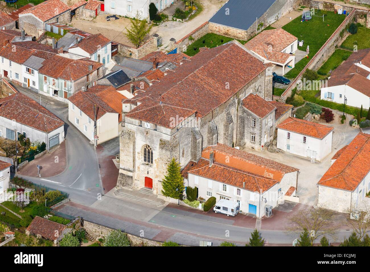 France, Vendee, Cheffois, the church dated 13th century (aerial view) Stock Photo