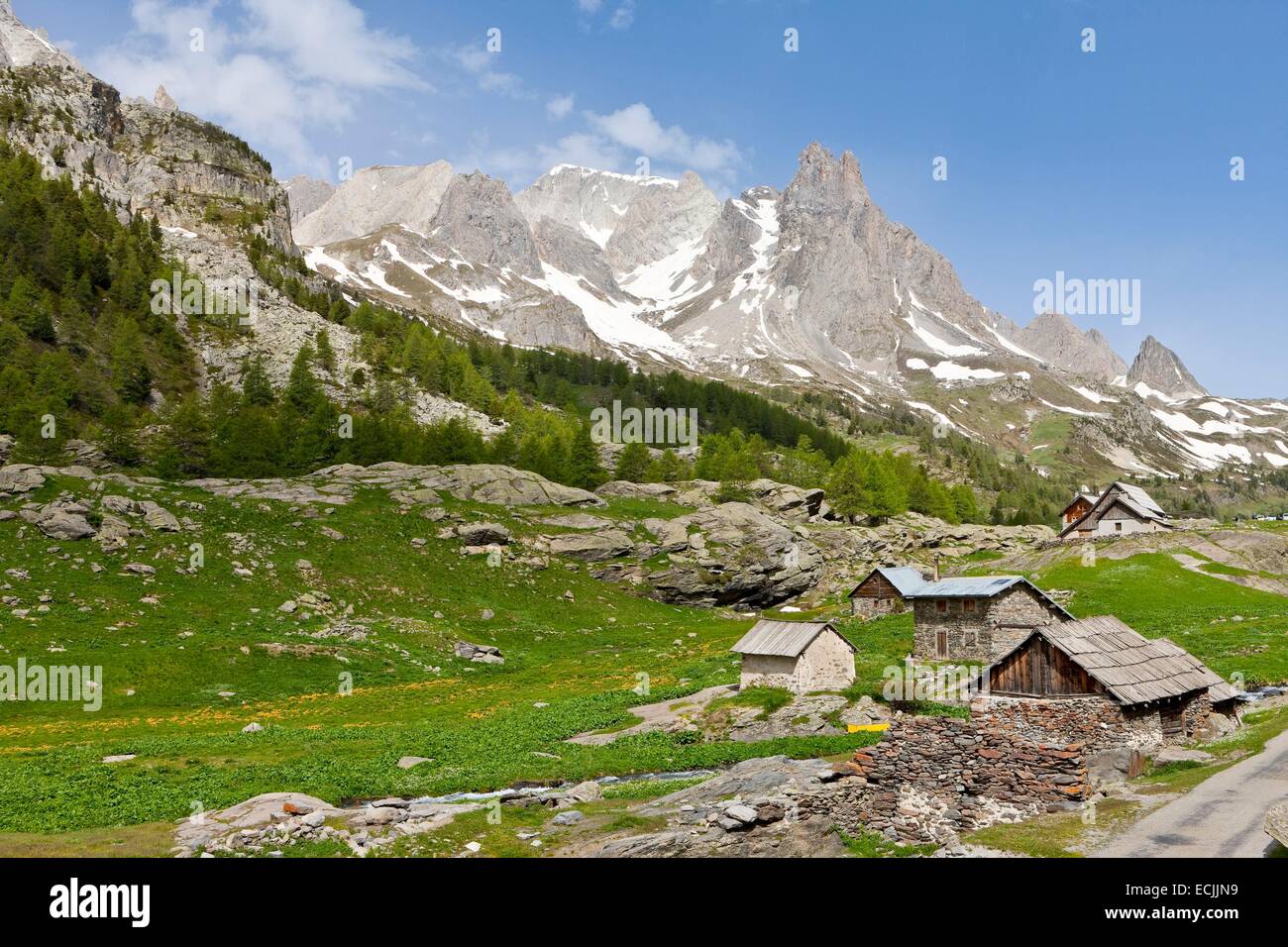 France, Hautes-Alpes, Nevache La Claree valley, overlooking the Pointe Cerces (3097m) Stock Photo