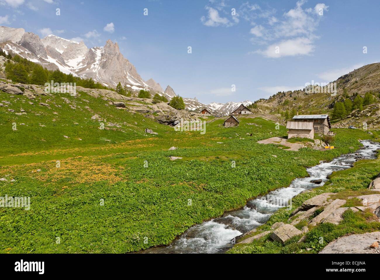 France, Hautes-Alpes, Nevache La Claree valley, overlooking the Pointe Cerces (3097m) Stock Photo