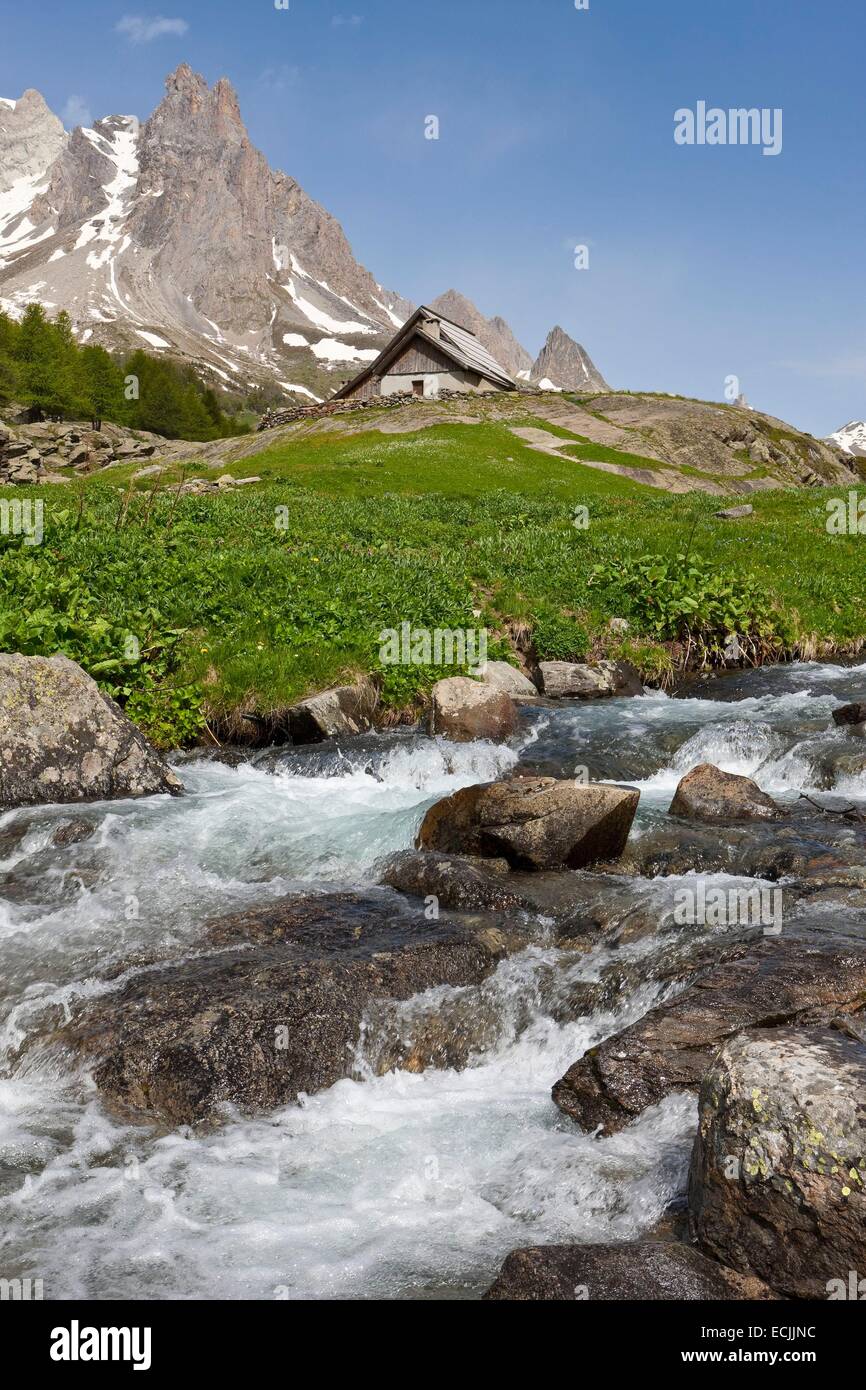 France, Hautes-Alpes, Nevache La Claree valley, overlooking the Pointe Cerces (3097m) Stock Photo