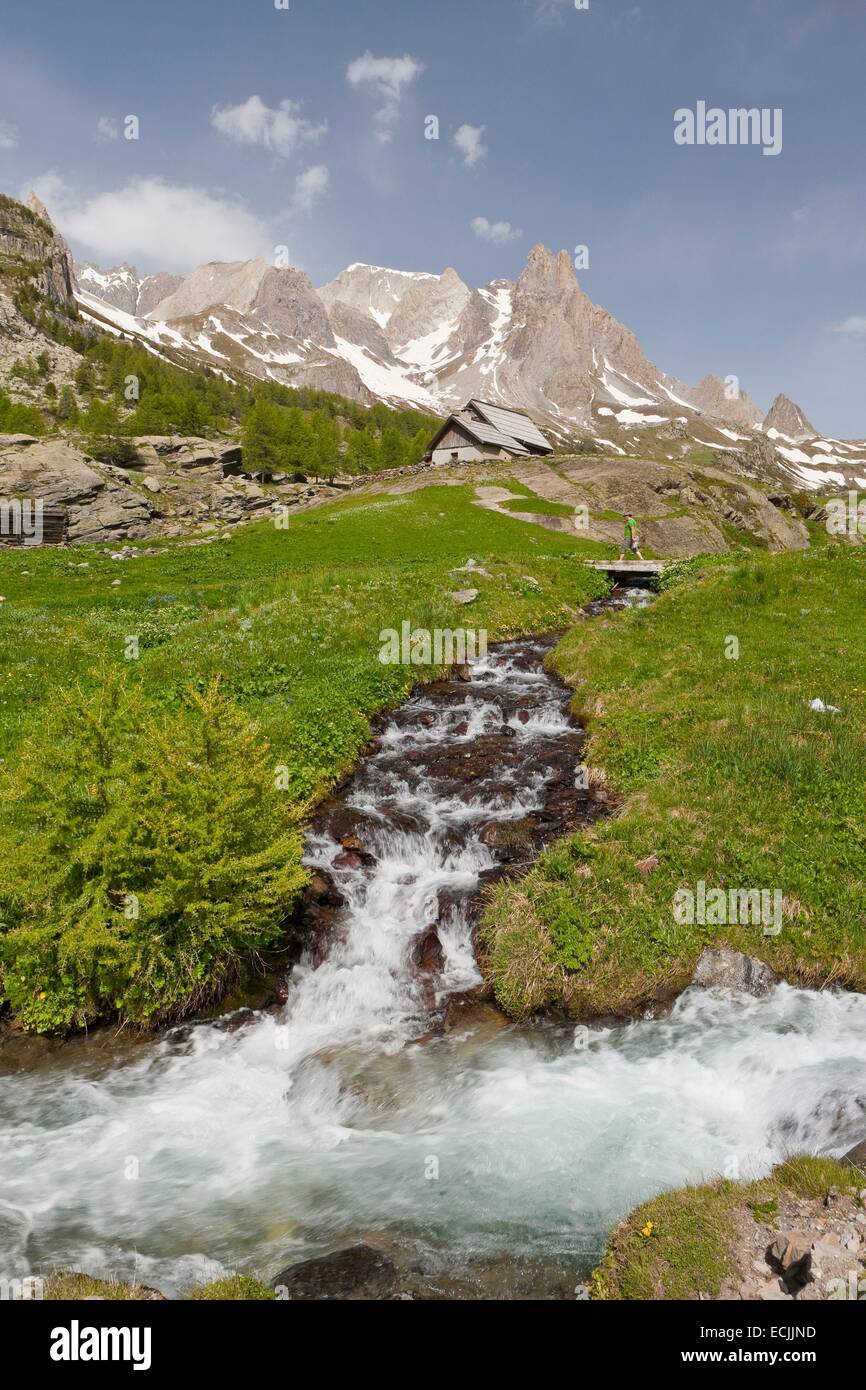 France, Hautes-Alpes, Nevache La Claree valley, overlooking the Pointe Cerces (3097m) Stock Photo