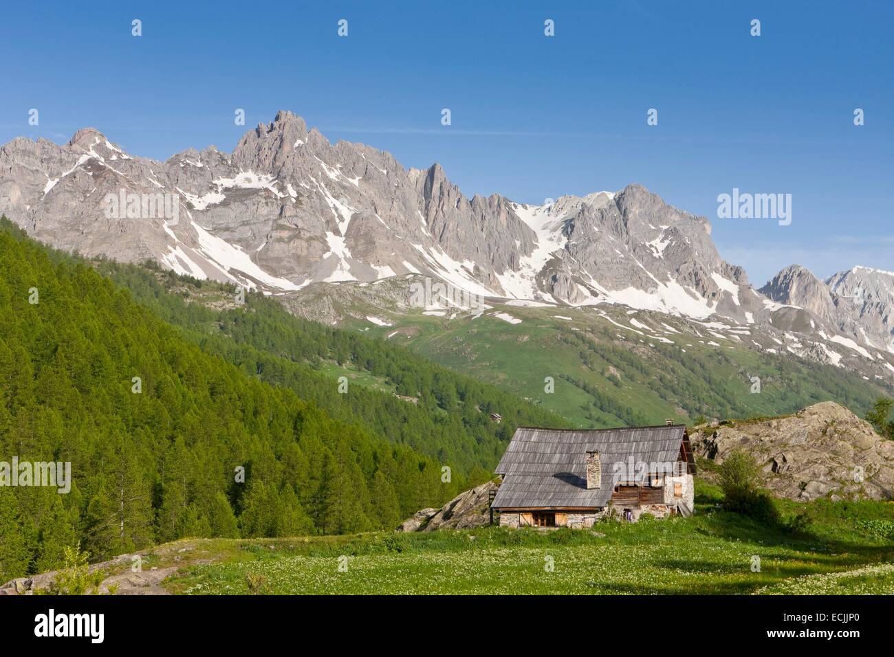 France, Hautes-Alpes, Nevache La Claree valley, overlooking the Pointe Cerces (3097m) Stock Photo