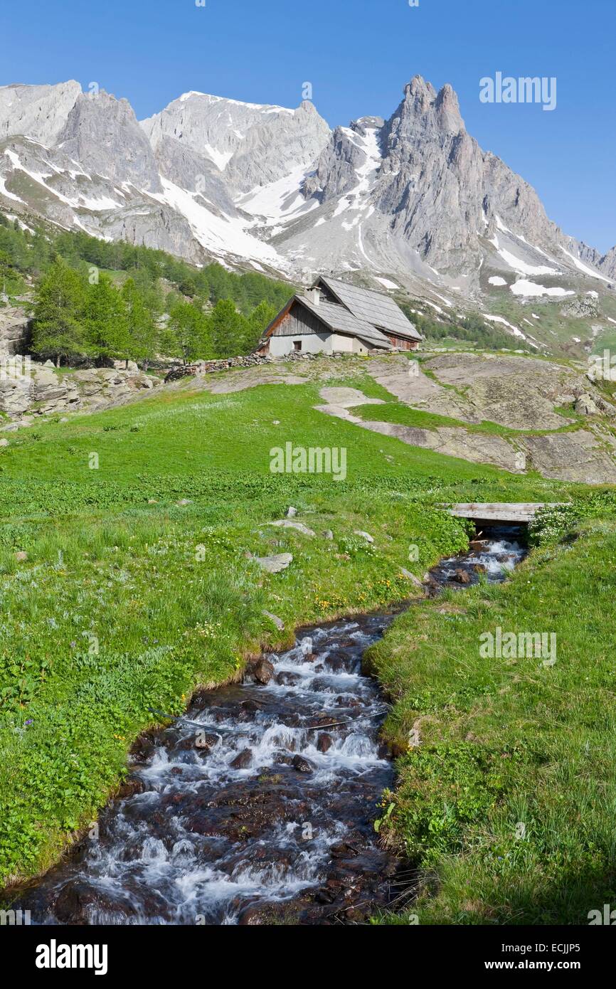 France, Hautes-Alpes, Nevache La Claree valley, overlooking the Pointe Cerces (3097m) Stock Photo