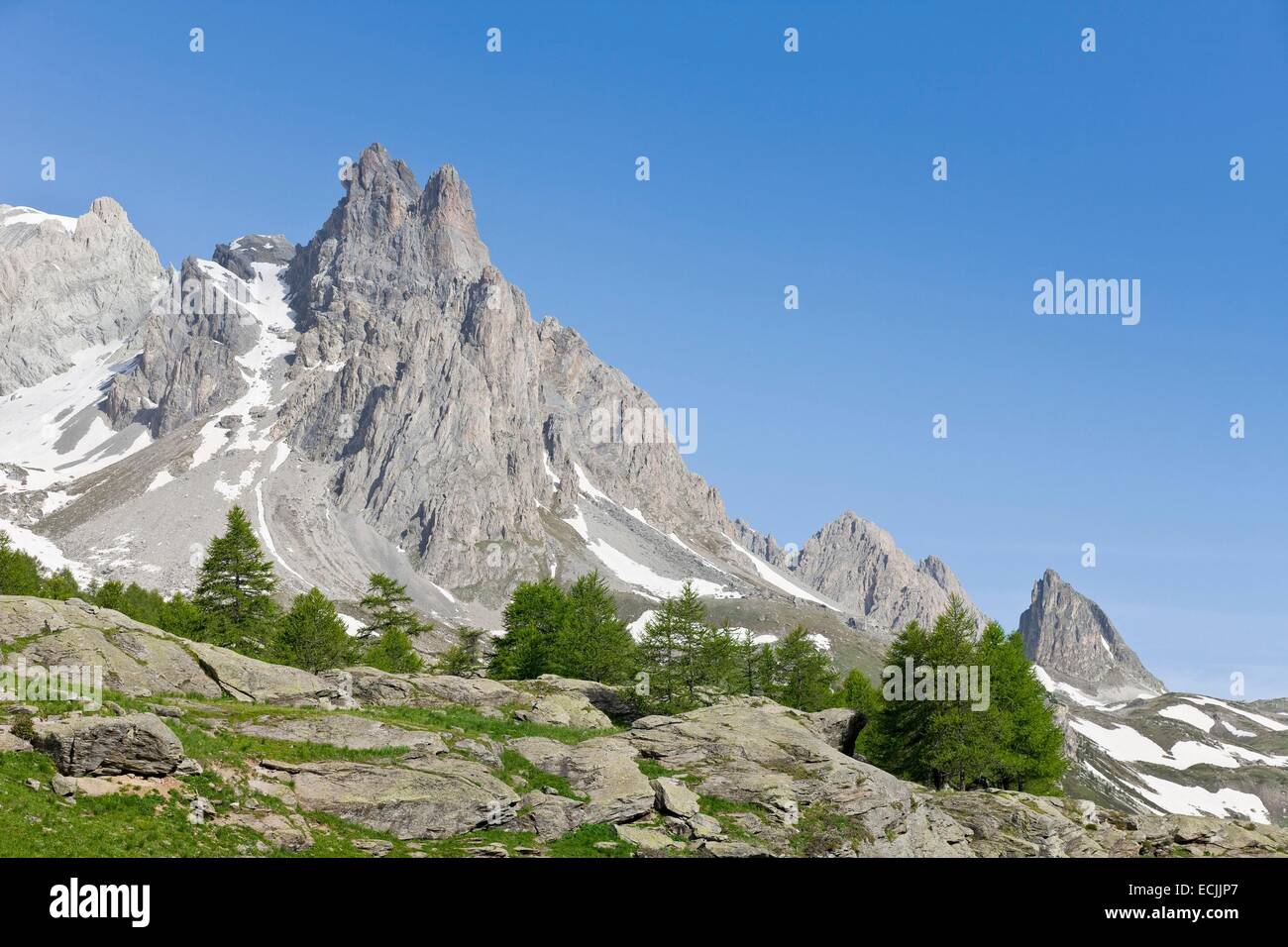 France, Hautes-Alpes, Nevache La Claree valley, overlooking the Pointe Cerces (3097m) Stock Photo