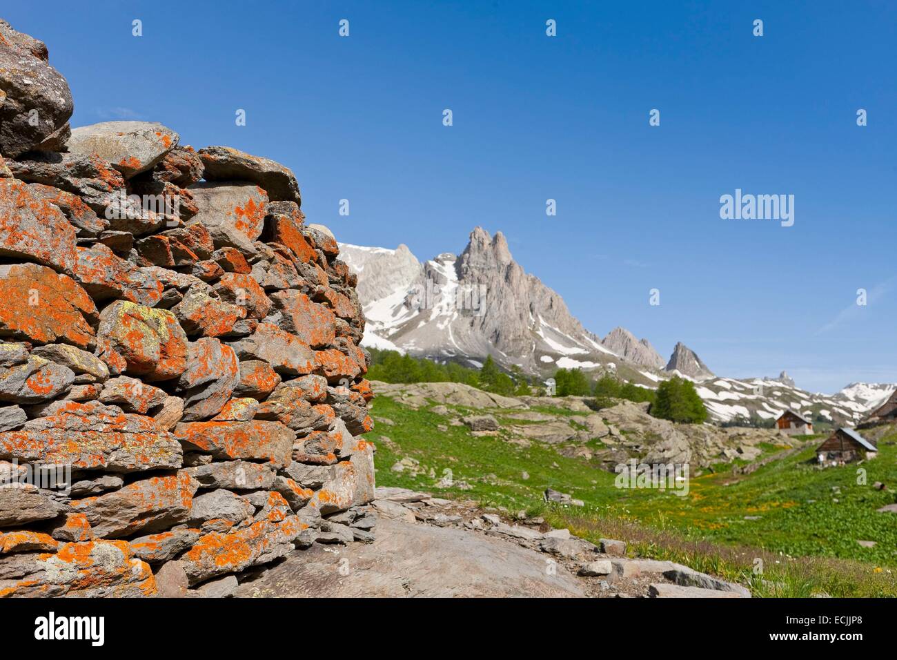 France, Hautes-Alpes, Nevache La Claree valley, overlooking the Pointe Cerces (3097m) Stock Photo